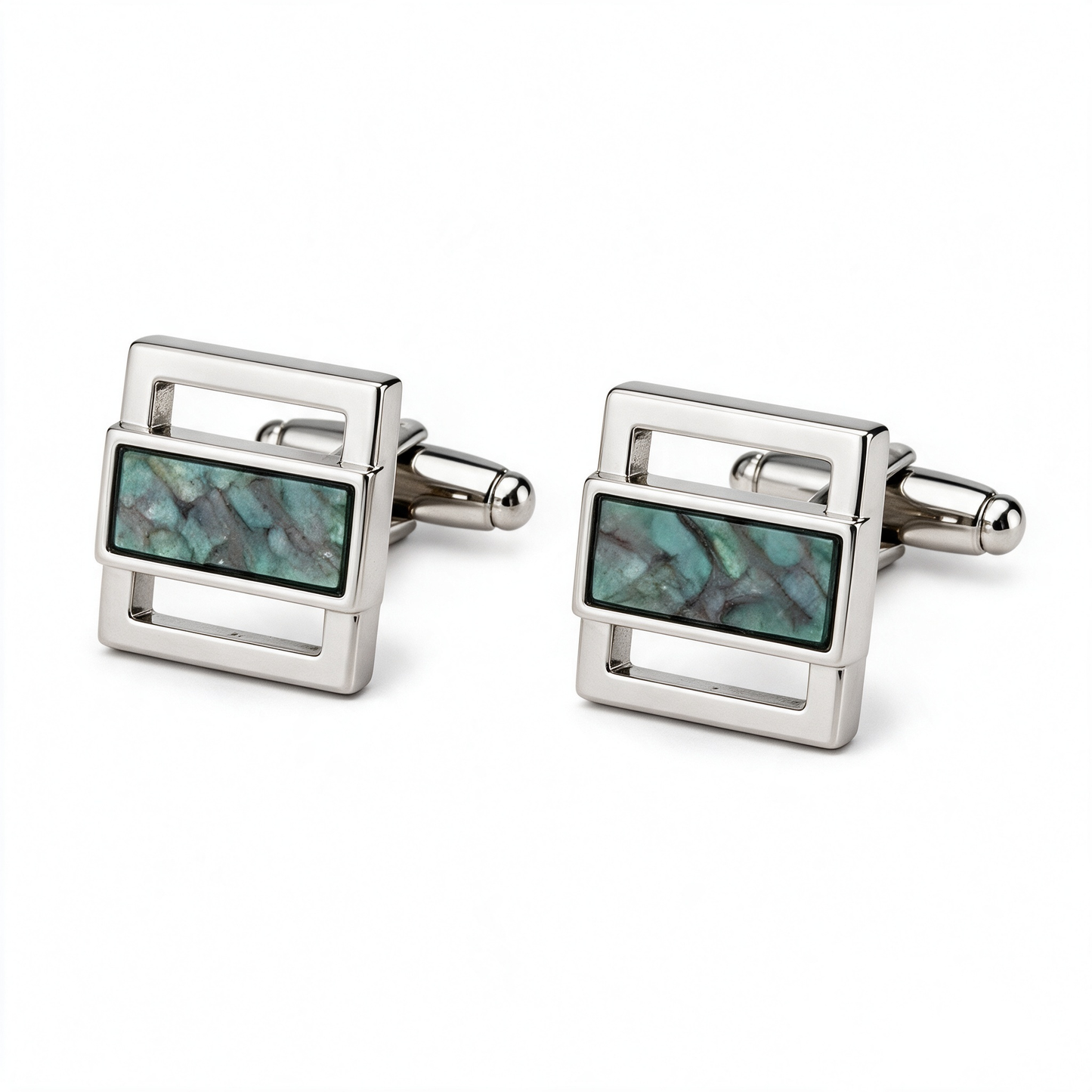 Silver Open Frame Green Stone Inlay Cufflinks