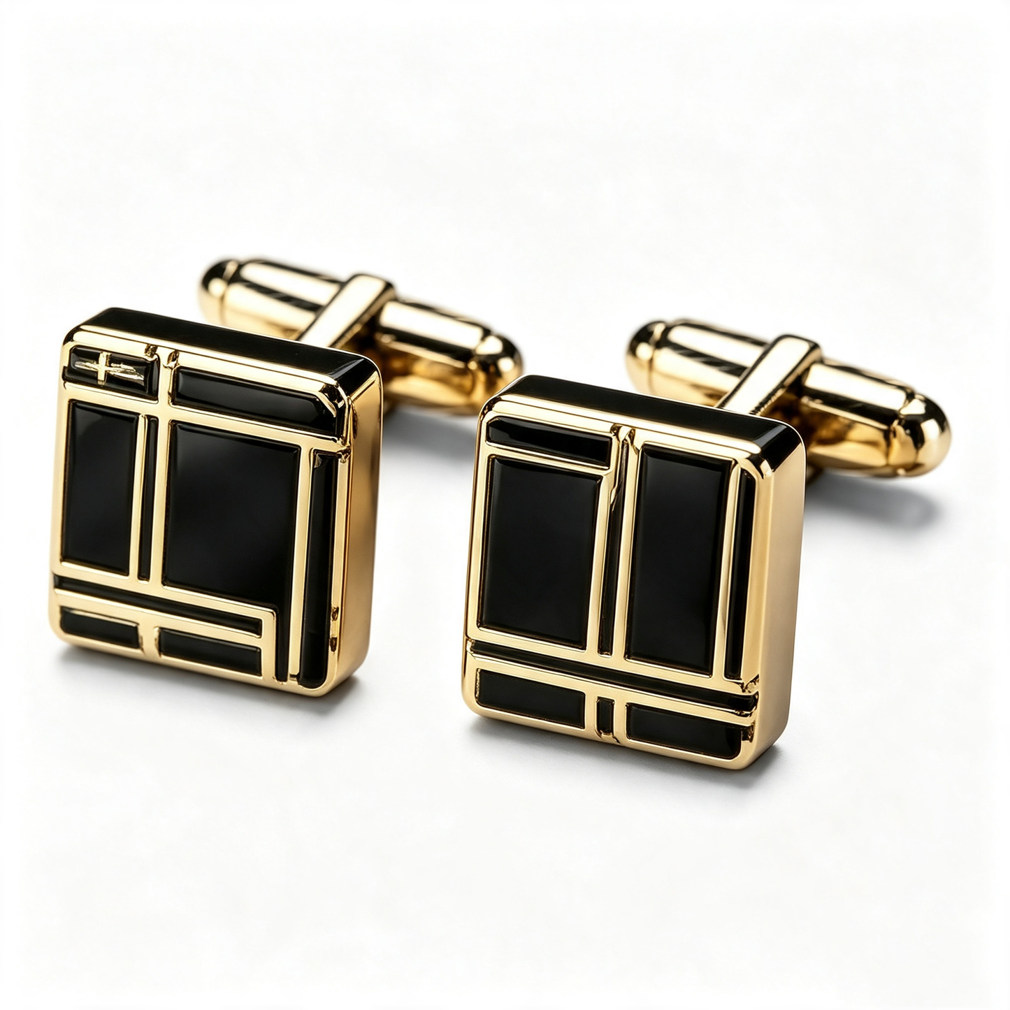 Gold Square Black Enamel Geometric Cufflinks
