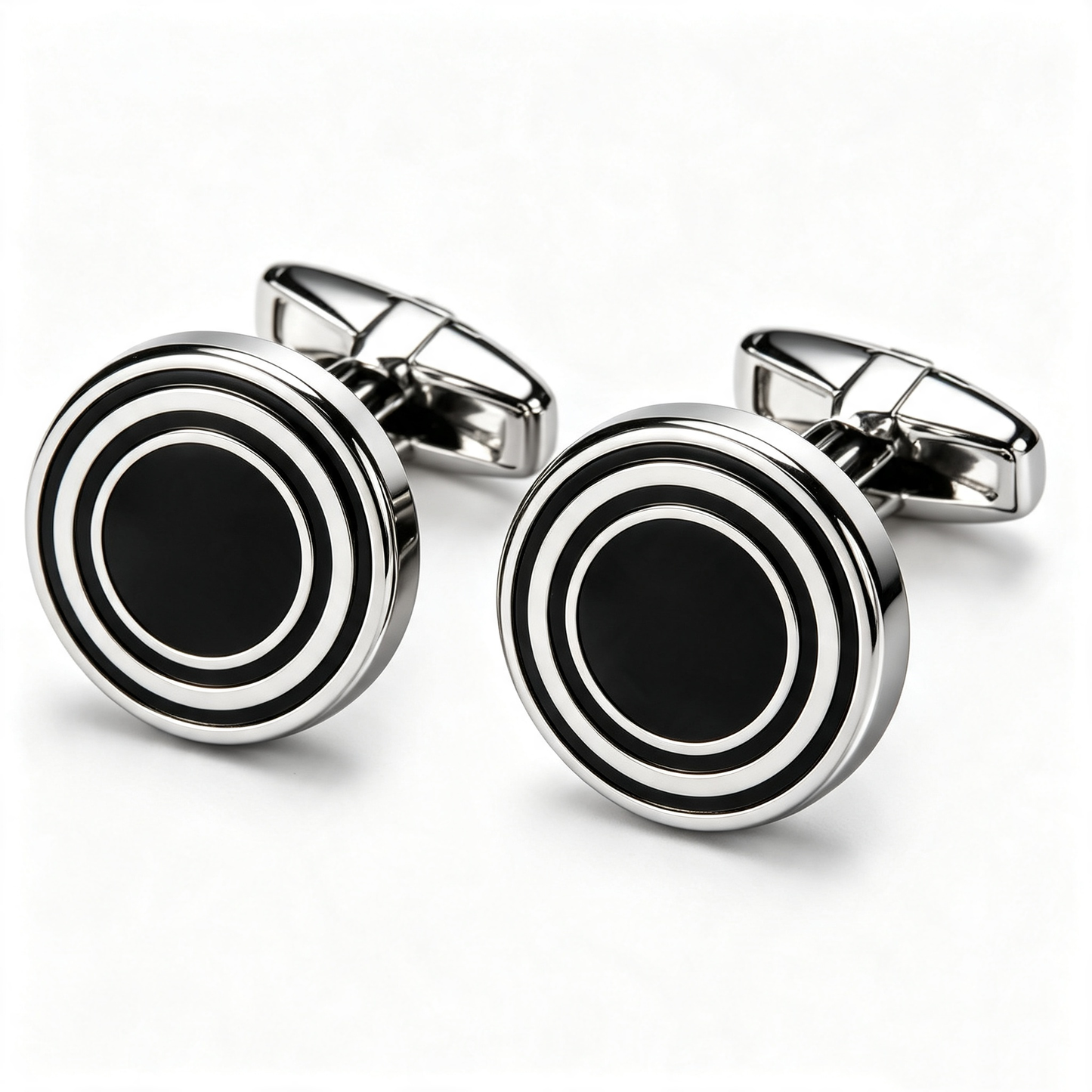 Silver Concentric Ring Black Enamel Cufflinks