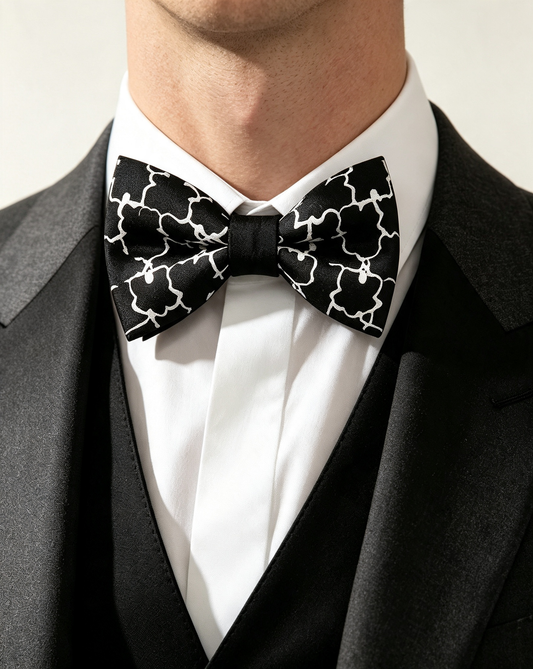 Black White Abstract Floral Pre Tied Bow Tie