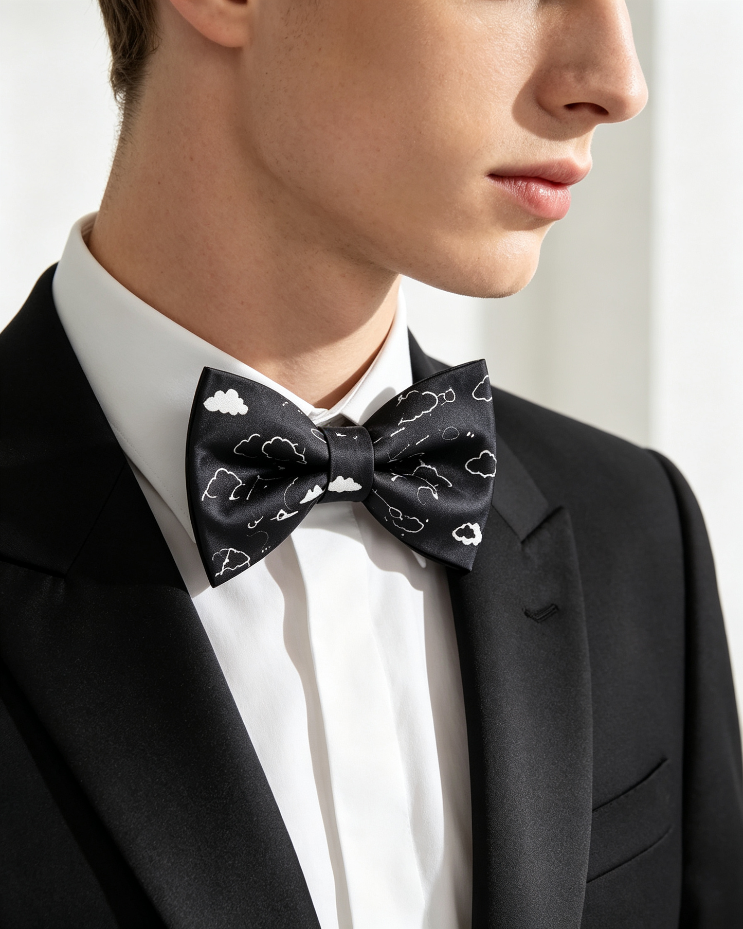 Black White Cloud Print Pre Tied Bow Tie