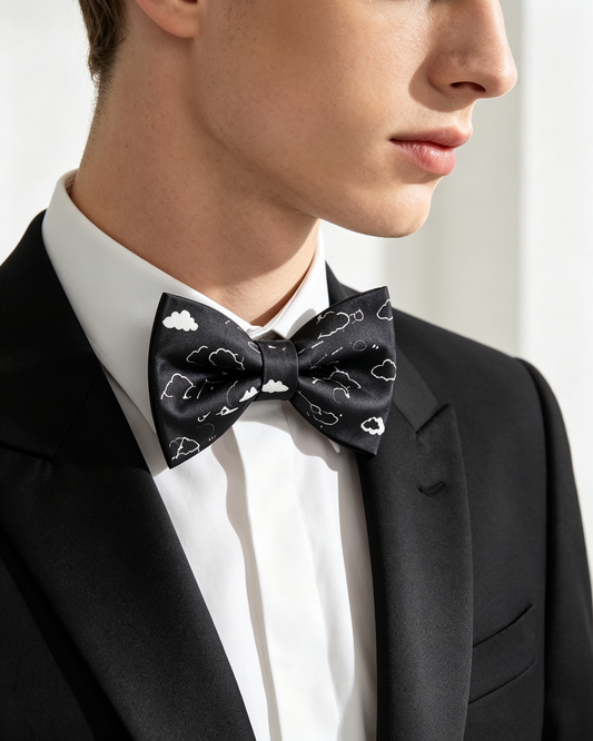 Black White Cloud Print Pre Tied Bow Tie
