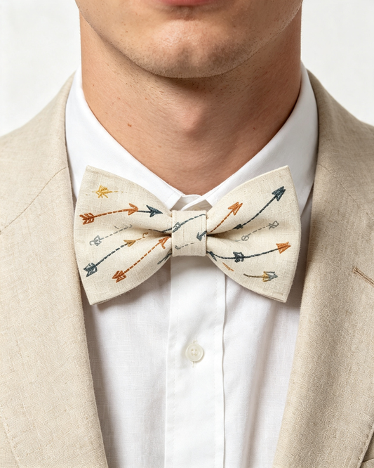 Beige Multi Color Arrow Print Pre Tied Bow Tie