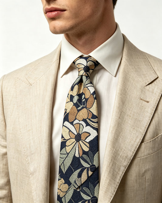 Vintage Navy Floral Woven Necktie