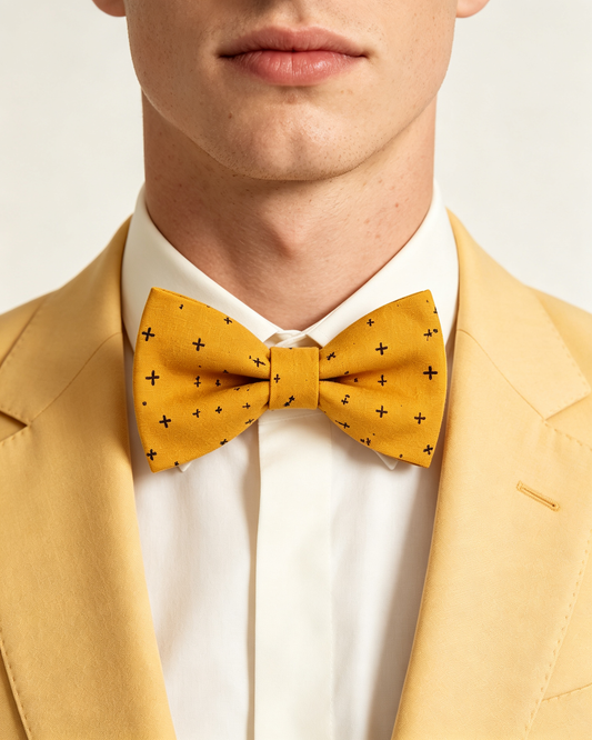 Mustard Yellow Small Cross Print Pre Tied Bow Tie