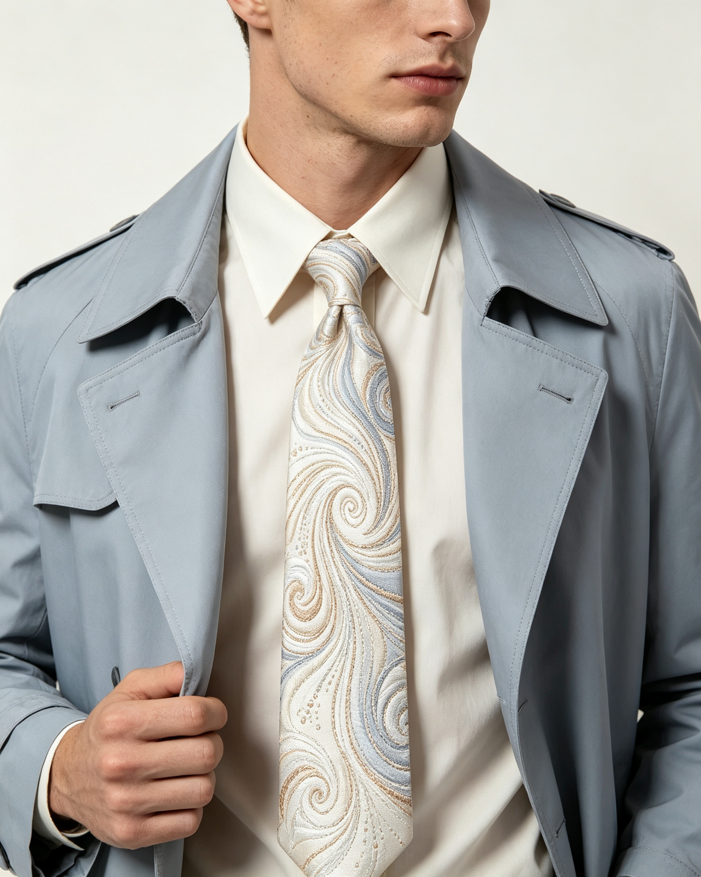 Cream Blue Spiral Swirl Necktie