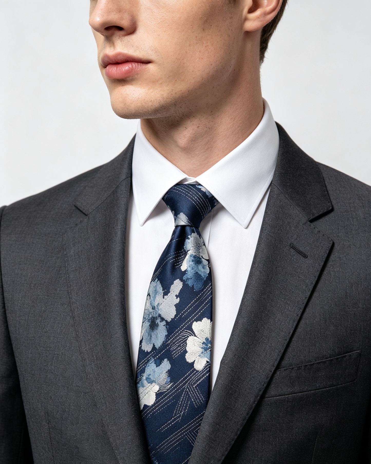 Navy Blue Watercolor Floral Jacquard Necktie