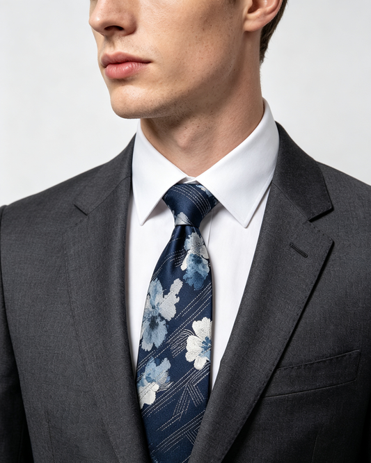 Navy Blue Watercolor Floral Jacquard Necktie