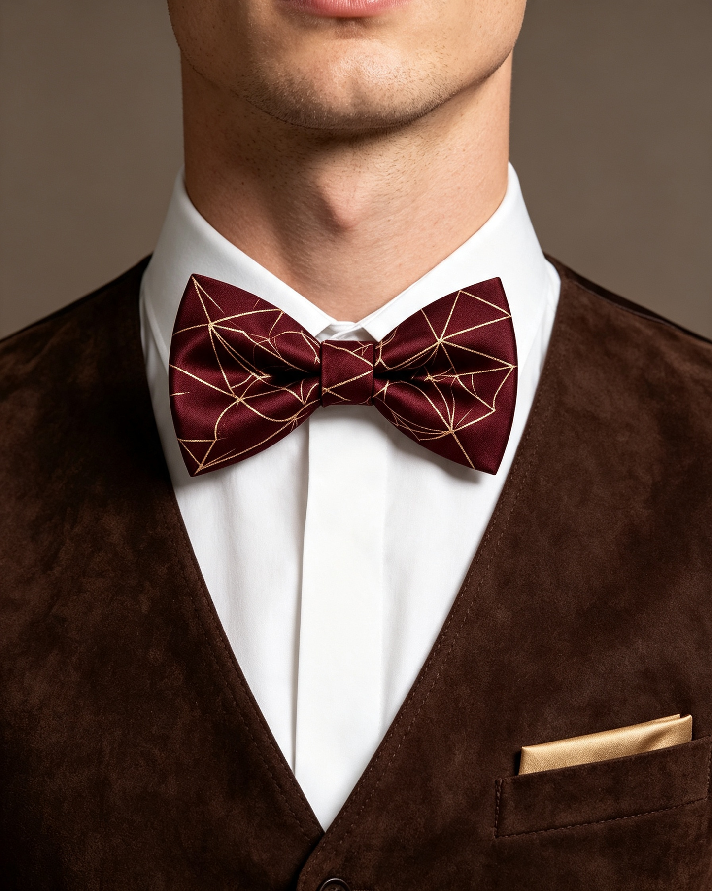 Burgundy Gold Geometric Line Pre Tied Bow Tie