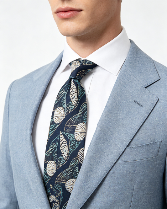 Navy Seashell Motif Woven Necktie