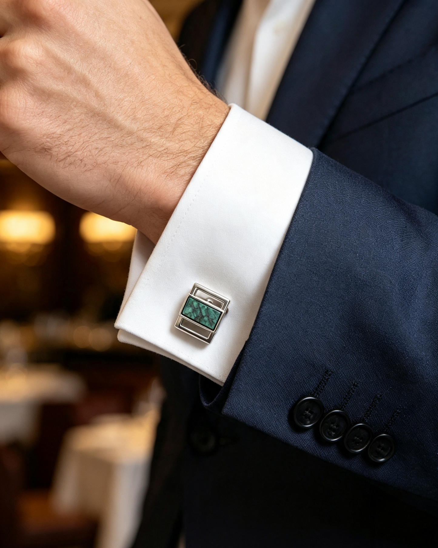Silver Open Frame Green Stone Inlay Cufflinks