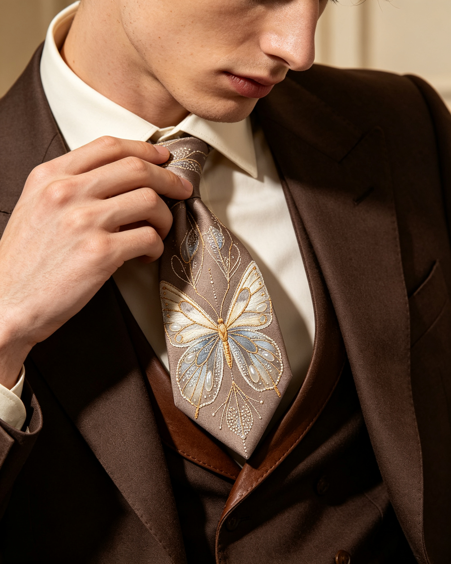 Taupe Ornate Butterfly Jacquard Necktie