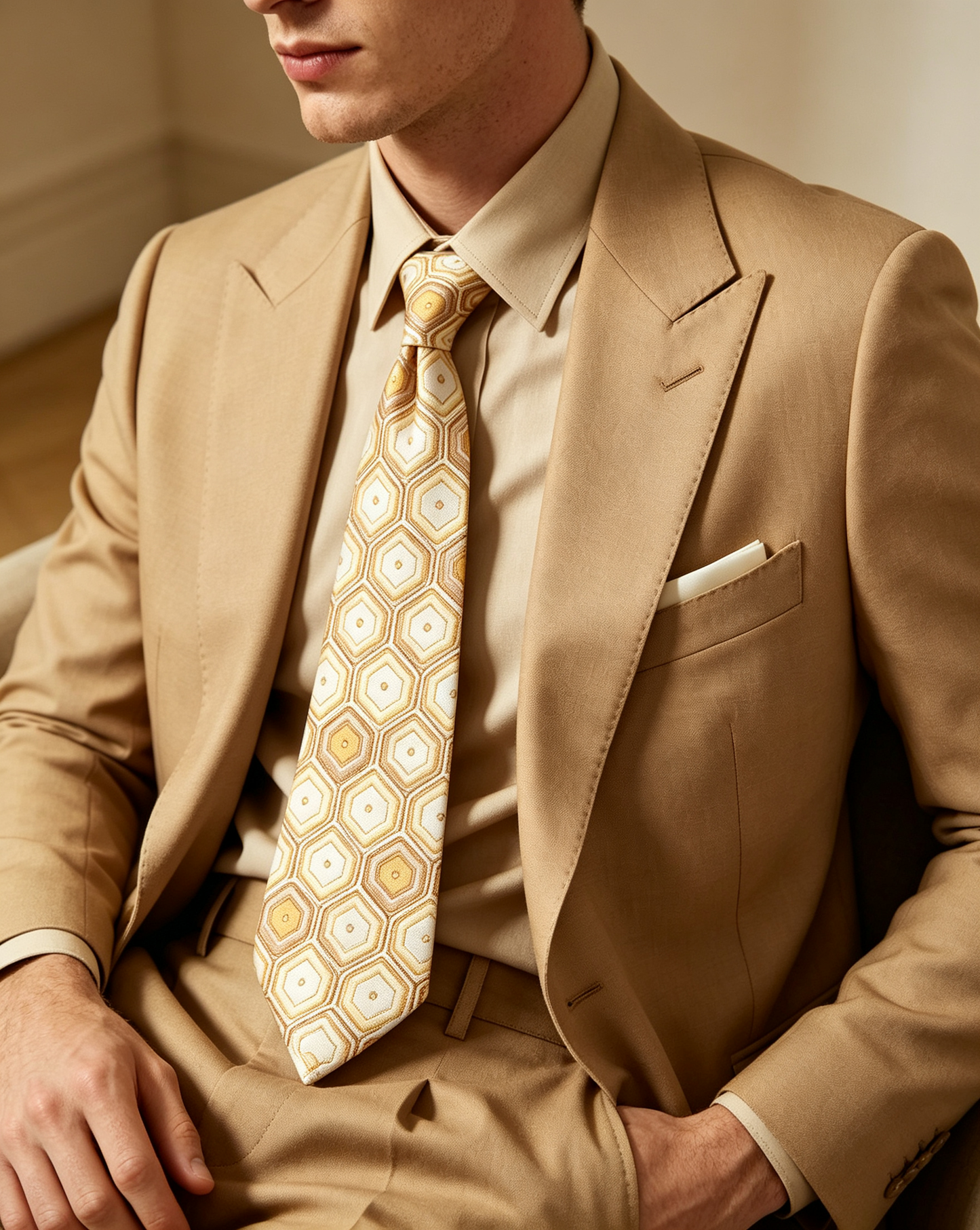 Cream Gold Retro Hexagon Geometric Necktie