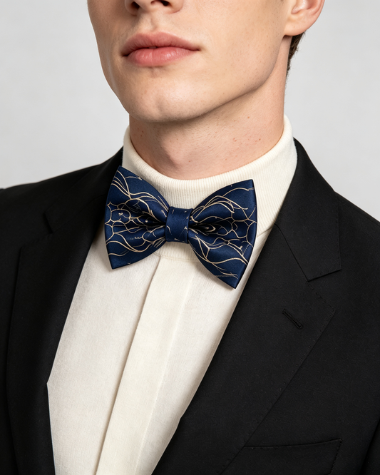 Navy Gold Floral Line Art Pre Tied Bow Tie