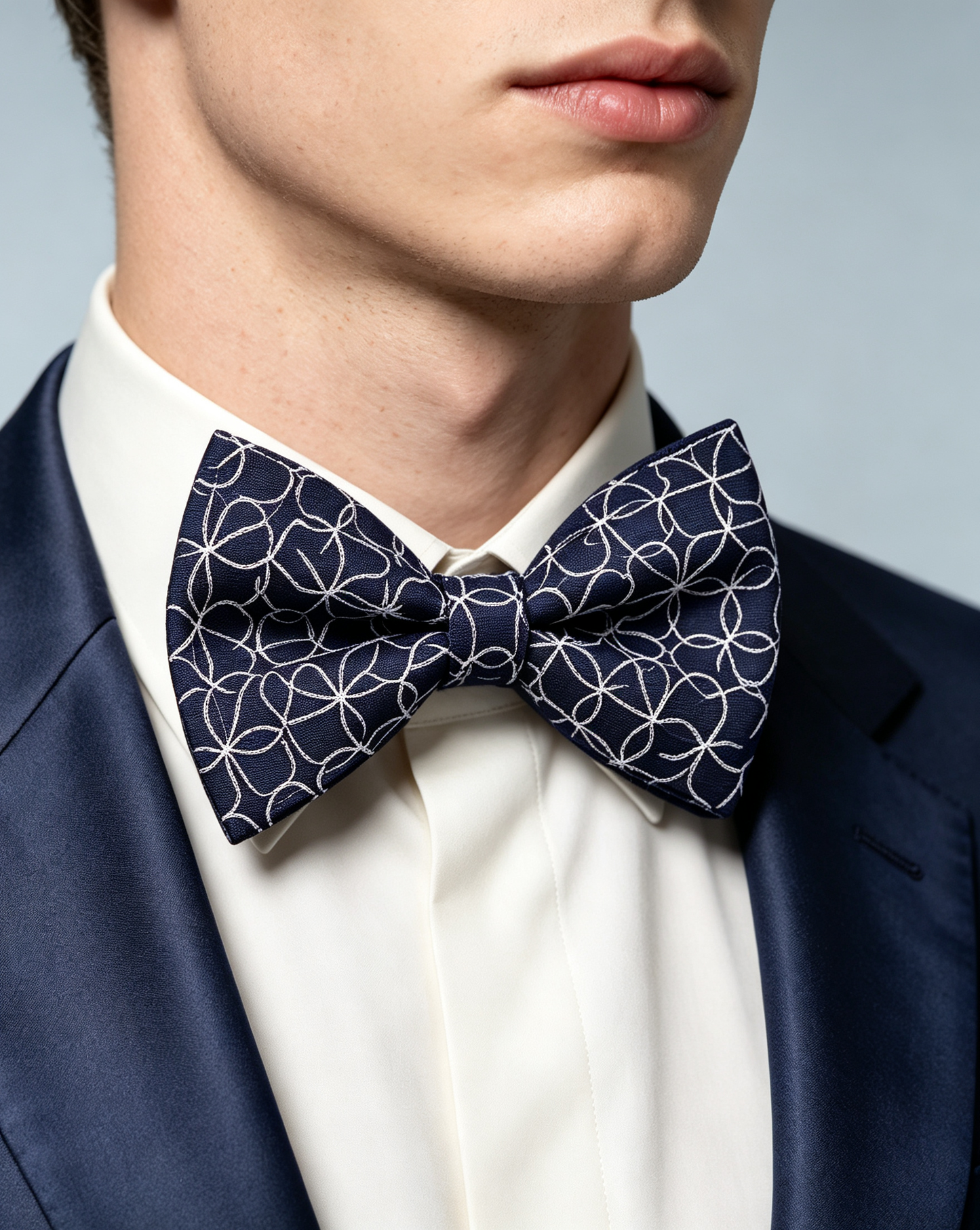 Navy White Outline Floral Pre Tied Bow Tie