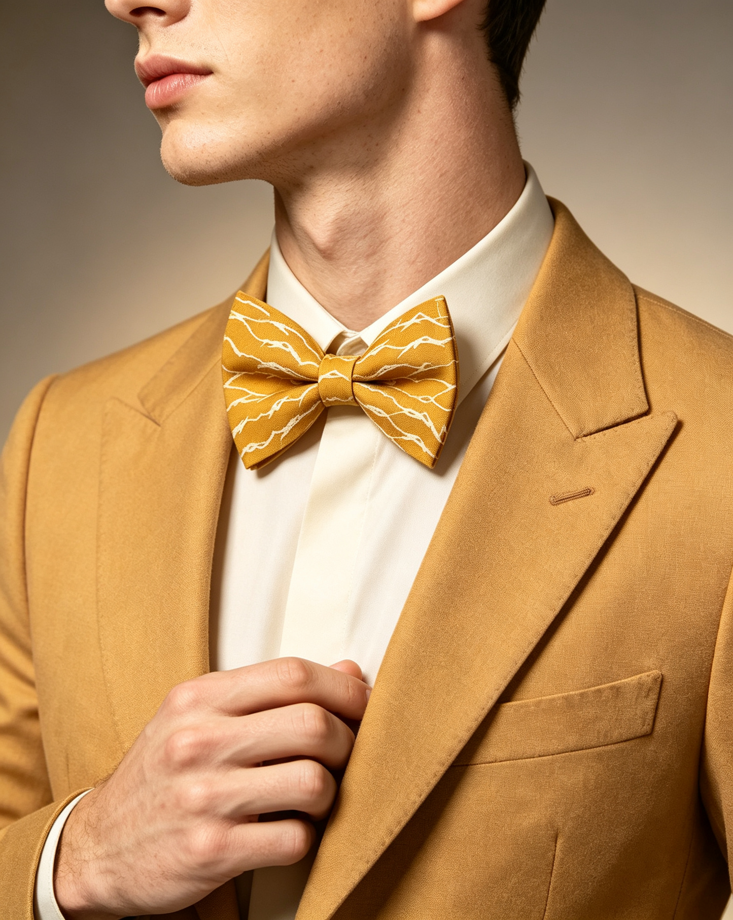 Mustard White Branch Texture Pre Tied Bow Tie